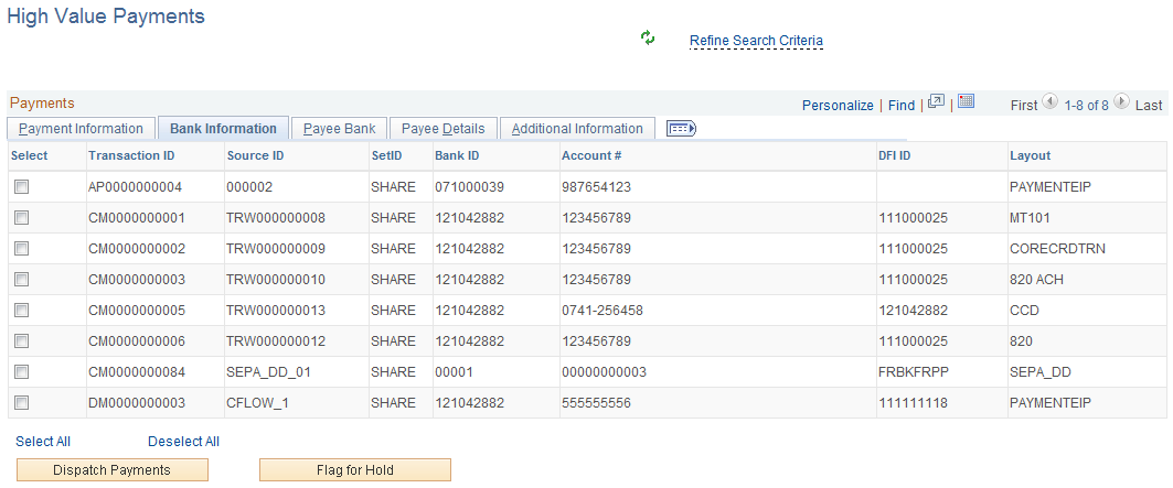 High Value Payments page - Bank Information tab