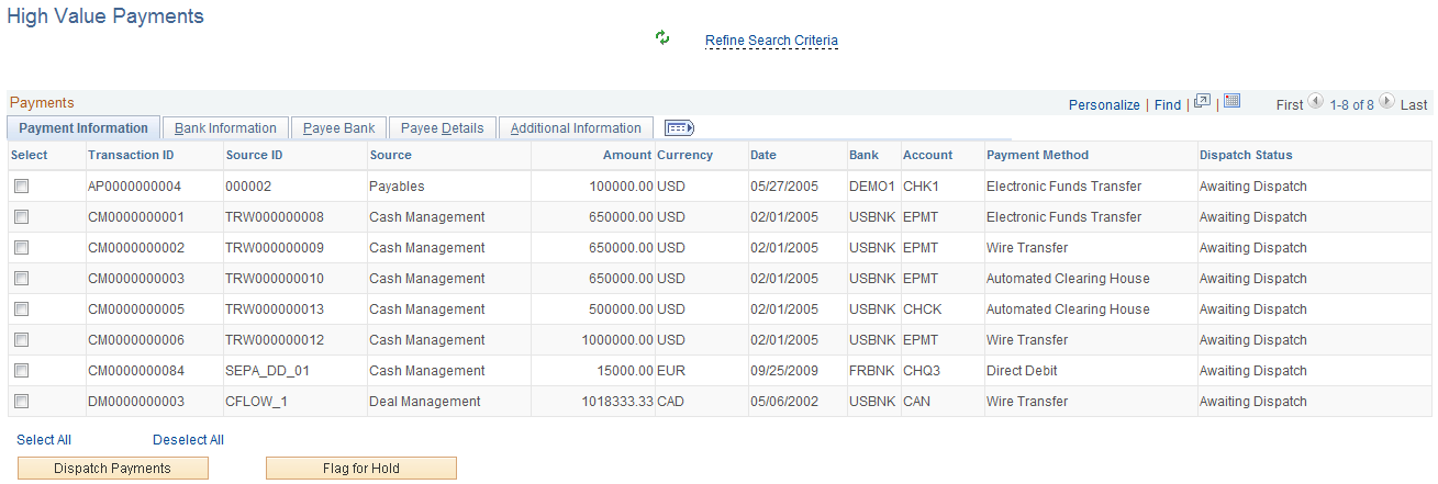 High Value Payments page - Payment Information tab