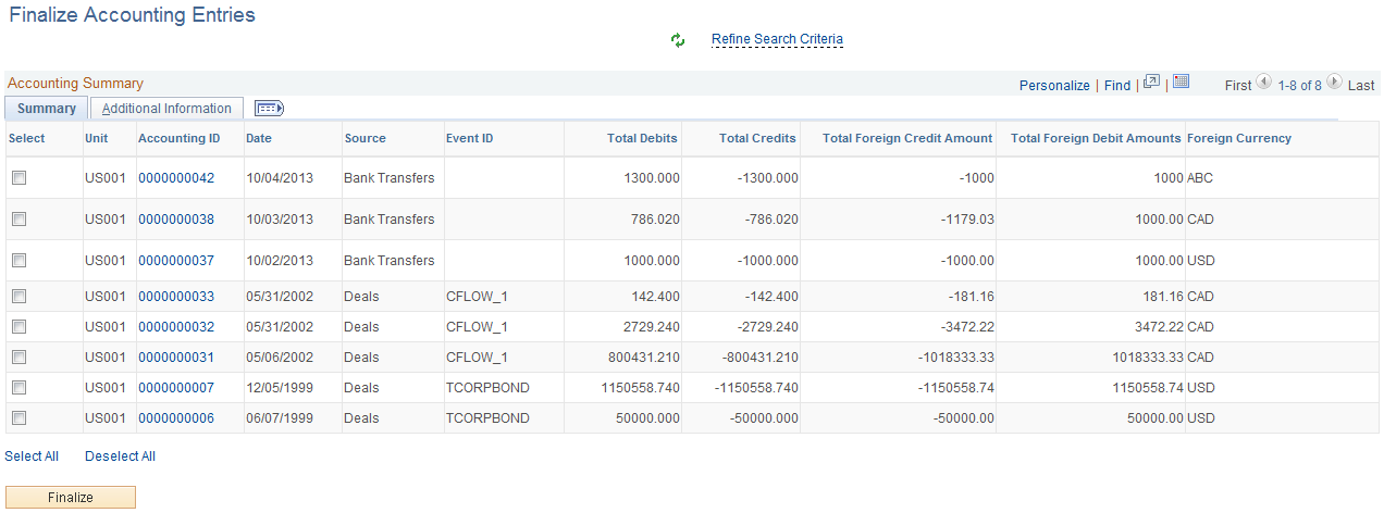 Finalize Accounting Entries page - Summary tab