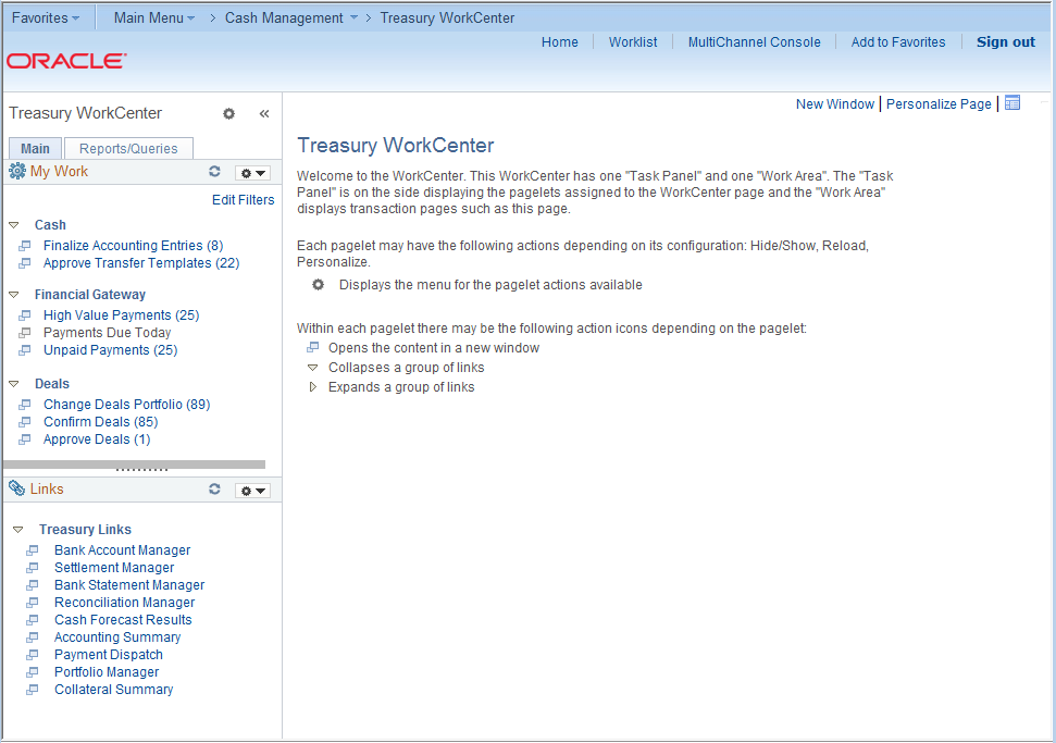 Example: Treasury WorkCenter Home page