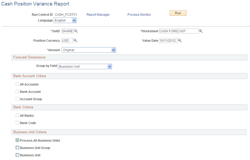 Cash Position Variance Report run control page