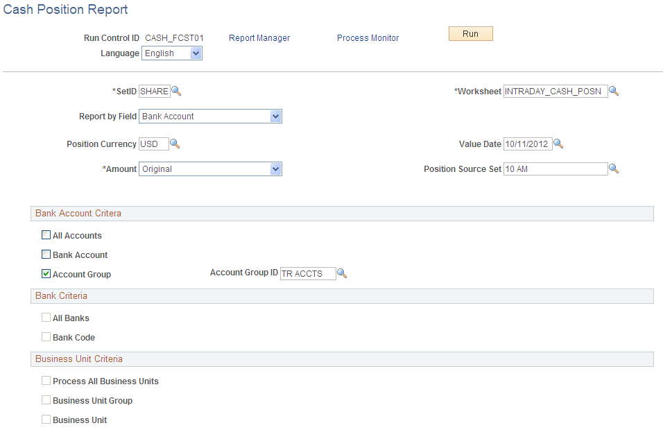 Cash Position Report run control page