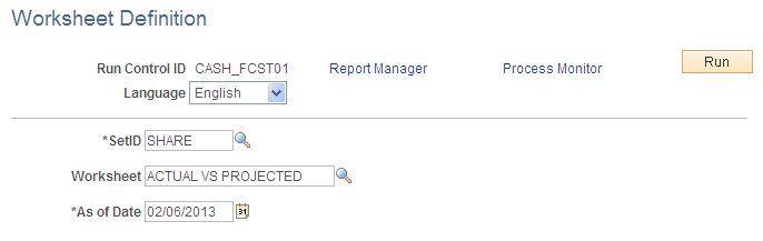 Worksheet Definition report run control page