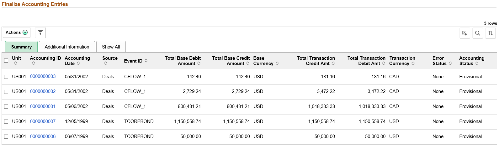 Finalize Accounting Entries page - Summary tab