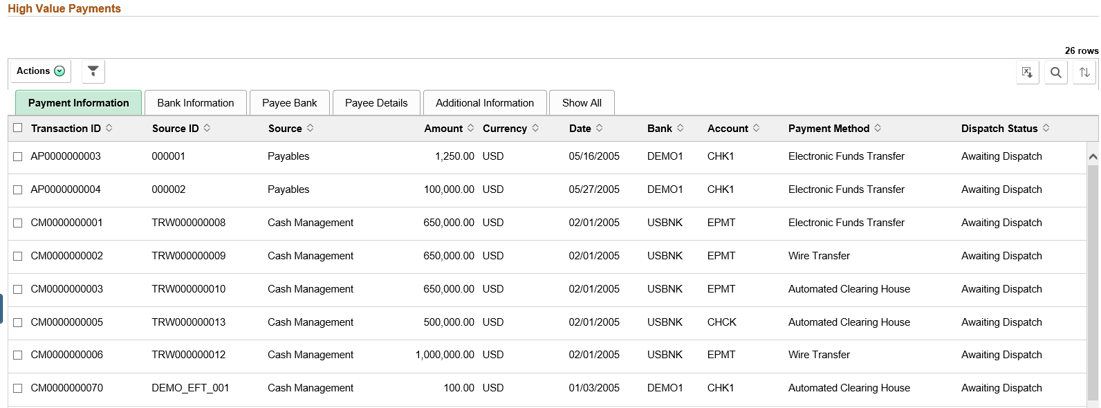 High Value Payments page - Payment Information tab