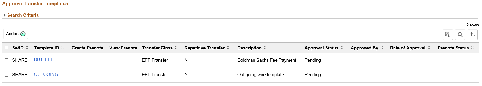 Treasury WorkCenter - Approve Transfer Templates page (Fluid)