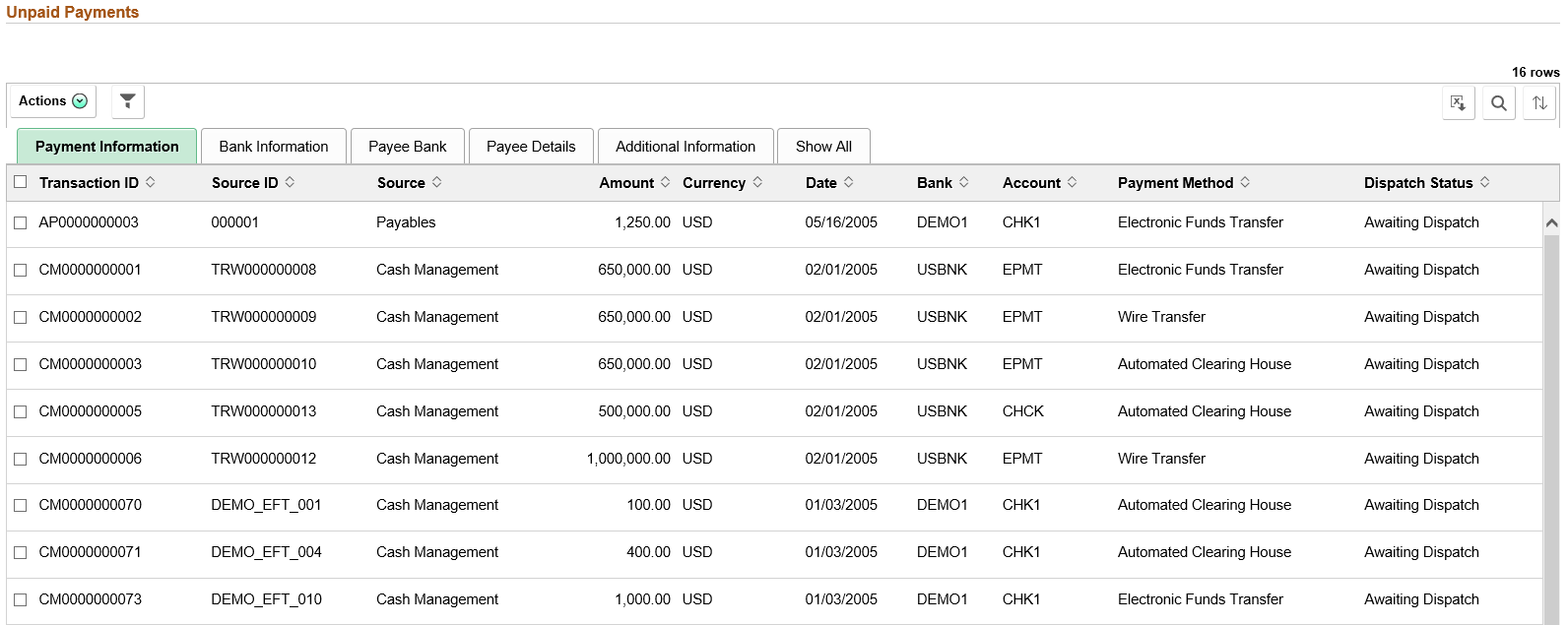 Unpaid Payments page - Payment Information page