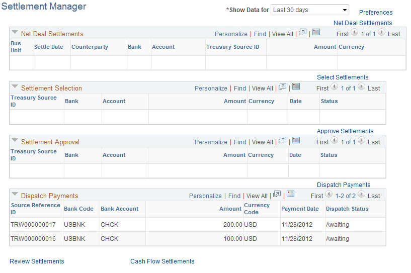 Settlement Manager page