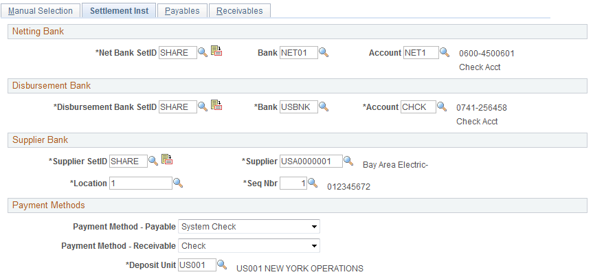 Manual Select Netting - Settlement Inst (instructions) page