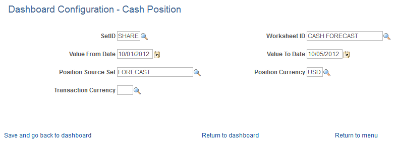 Dashboard Configuration - Cash Position page