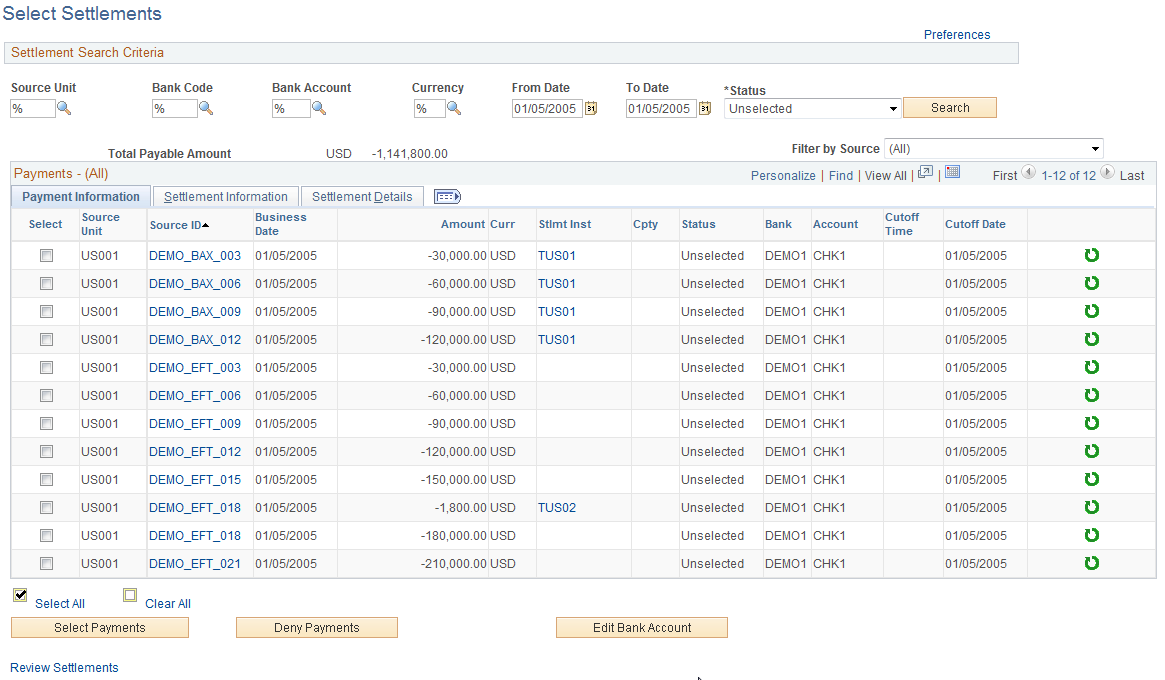 Select Settlements page