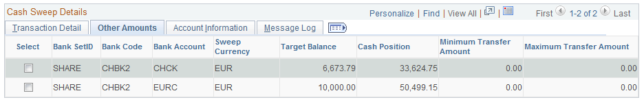 Cash Sweep Results page - Other Amounts tab