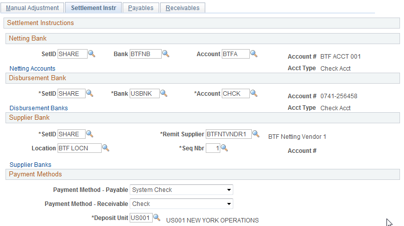 Adjust Netting - Settlement Instr (instructions) page