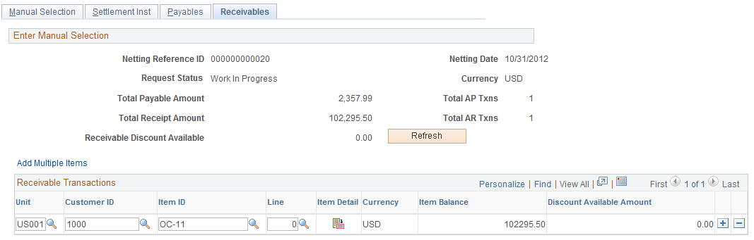 Manual Select Netting - Receivables page