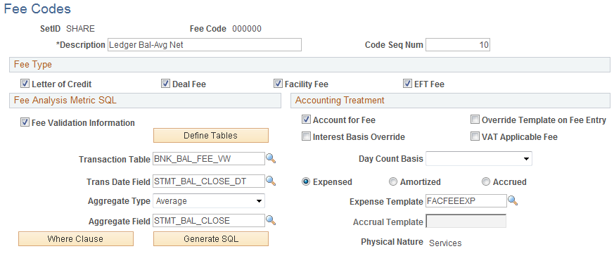 Fee Codes page