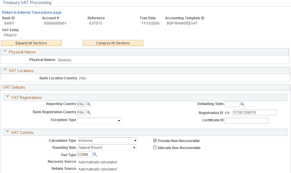 Treasury VAT Processing page (1 of 2)