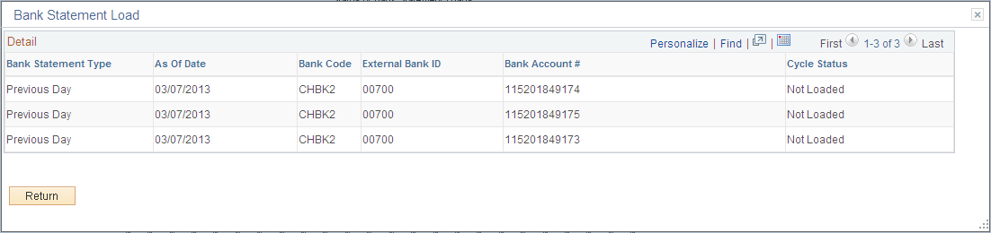 Bank Statement Load detail grid for a bank