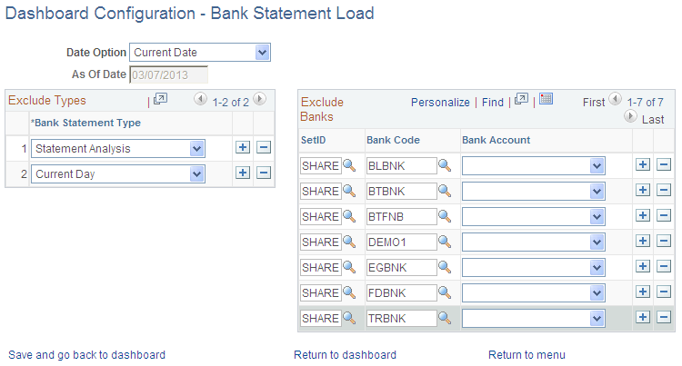 Dashboard Configuration - Bank Statement Load page