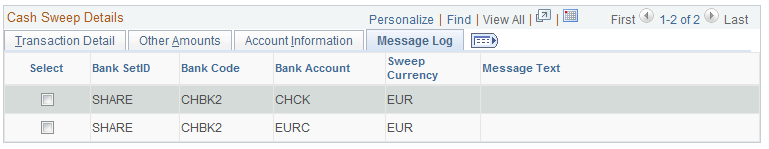 Cash Sweep Results page - Message Log tab