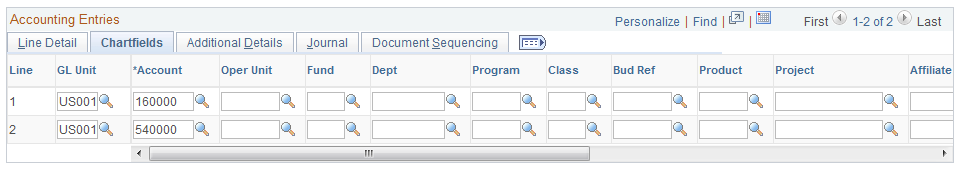 Accounting Entries page - Chartfields tab