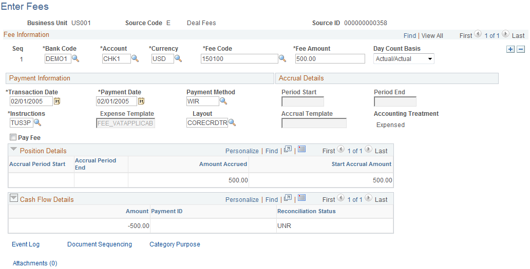 Enter Fees page