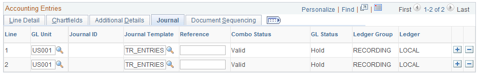 Accounting Entries page - Journal tab