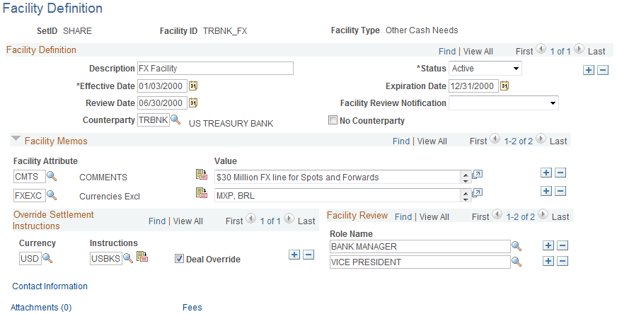 Facility Definition page