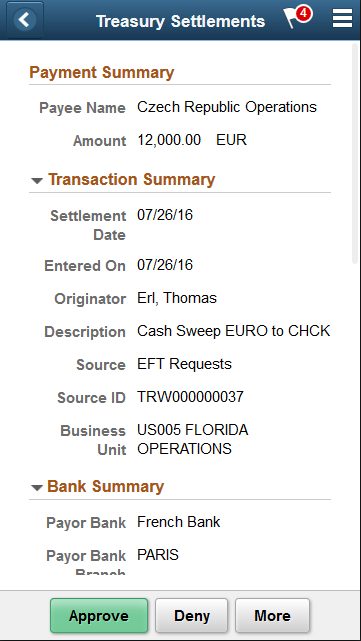 Treasury Settlements - Approval Header Detail page (SFF)