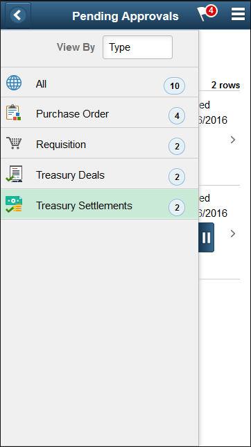 Pending Approvals transaction type panel (SFF)