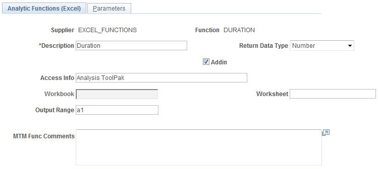 Analytic Functions (Excel) page