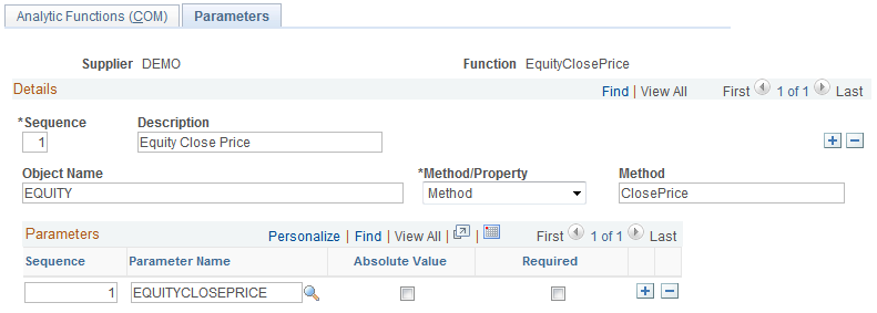 Analytic Functions (COM) - Parameters page