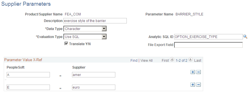 Supplier Parameters page