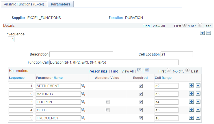 Analytic Functions (Excel) - Parameters page