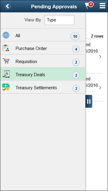 Pending Approvals transaction type panel (SFF)