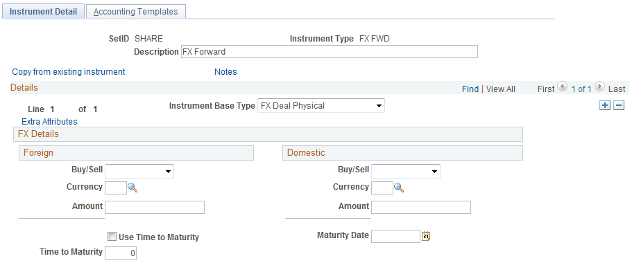 Instrument Detail page for an FX Deal Physical (1 of 2)