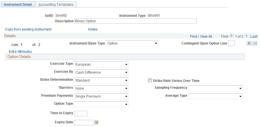 Instrument Detail page for a Binary Option (Line 1 of 2)