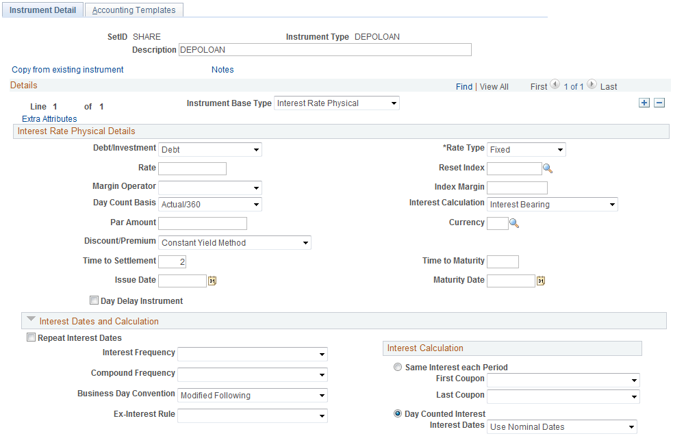 Instrument Detail page - for an interest rate physical instrument (1 of 2)