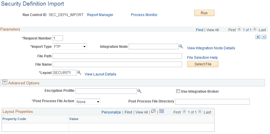 Security Definition Import page