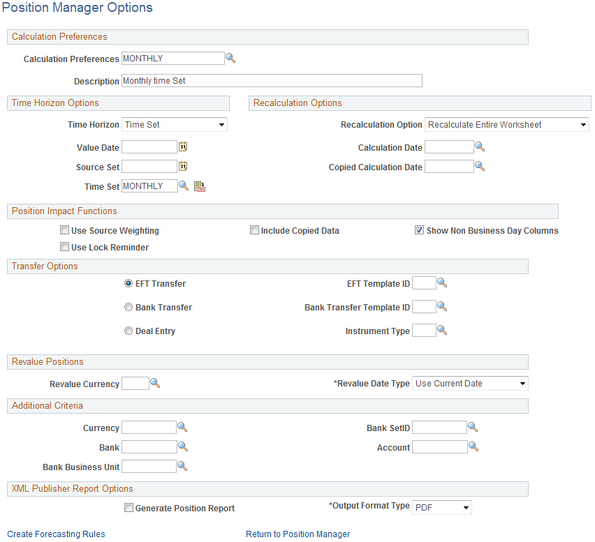 Position Manager Options page
