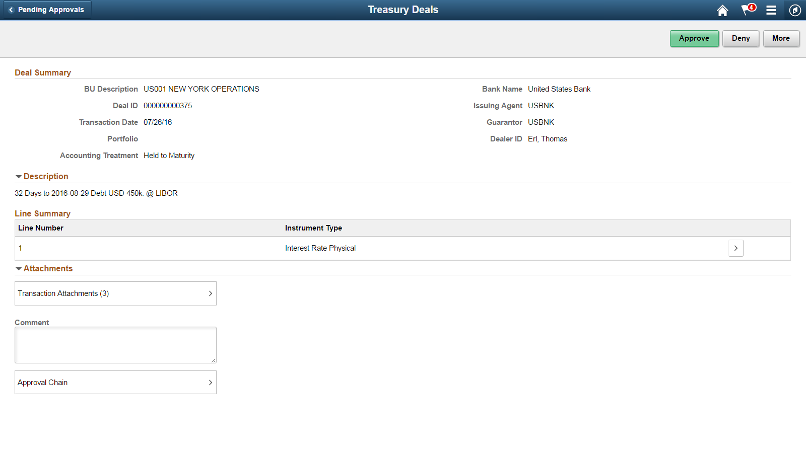 Treasury Deals - Approval Header Detail page (LFF)