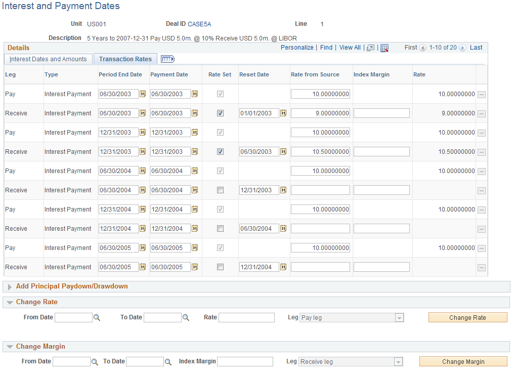 Interest and Payment Dates page - Transaction Rates tab (IR swap)