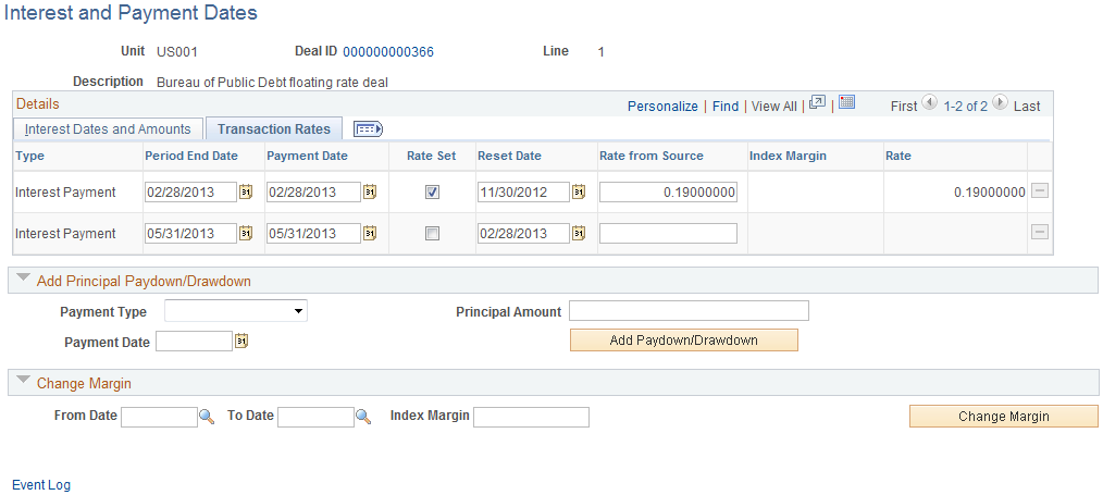 Interest and Payment Dates page - Transaction Rates tab (floating rate)