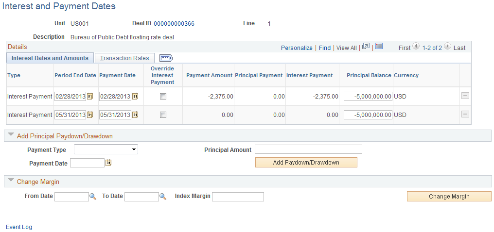 Interest and Payment Dates page - Interest Dates and Payments tab (floating rate)
