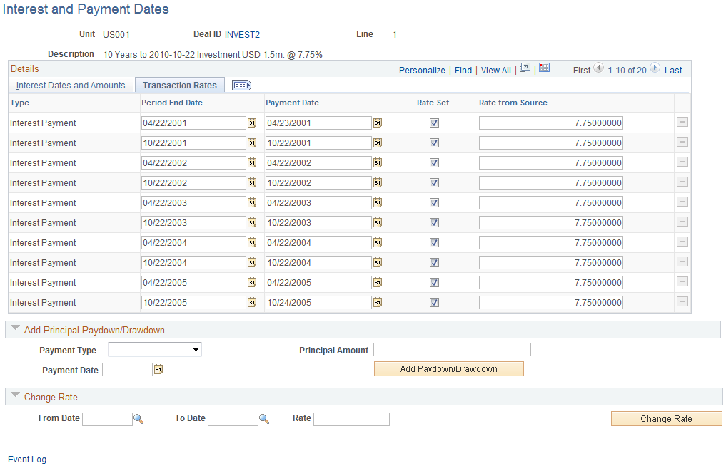 Interest and Payment Dates page - Transaction Rates tab (fixed-rate)