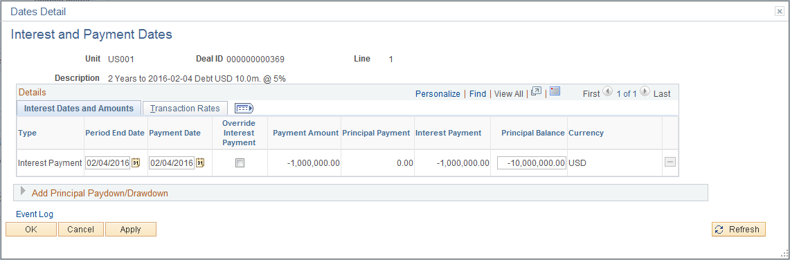 Interest and Payment Dates page - with interest added to principal at maturity