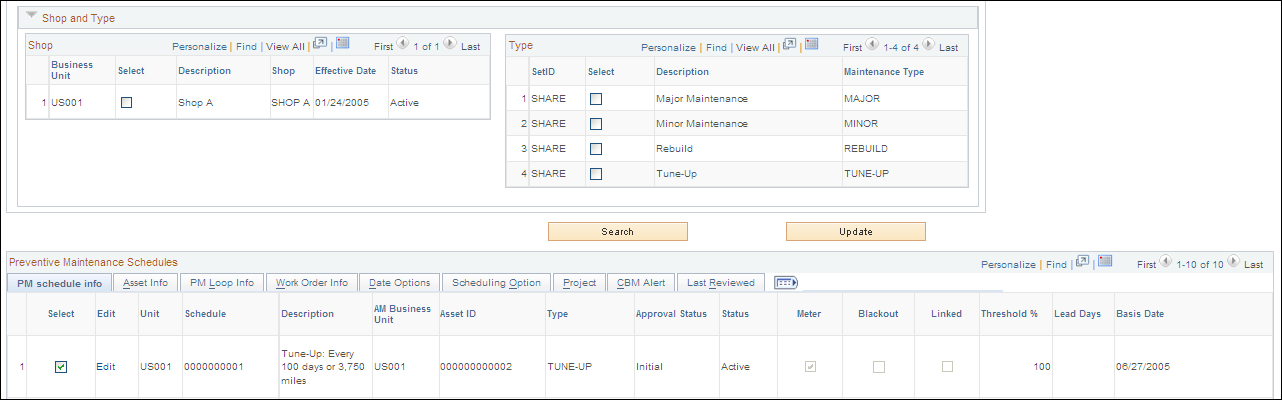 Preventive Maintenance Schedule Workbench page (2 of 3)