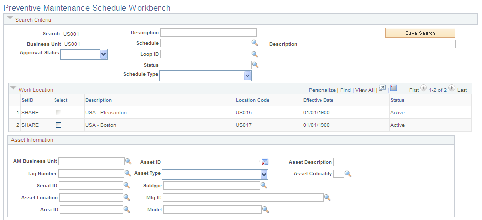 Preventive Maintenance Schedule Workbench page (1 of 3)