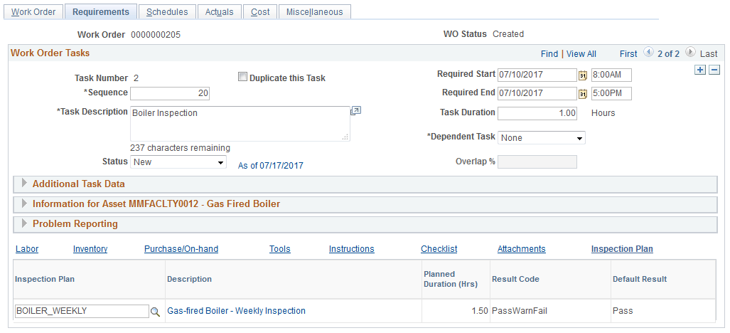 Work Order Requirements Page Inspection