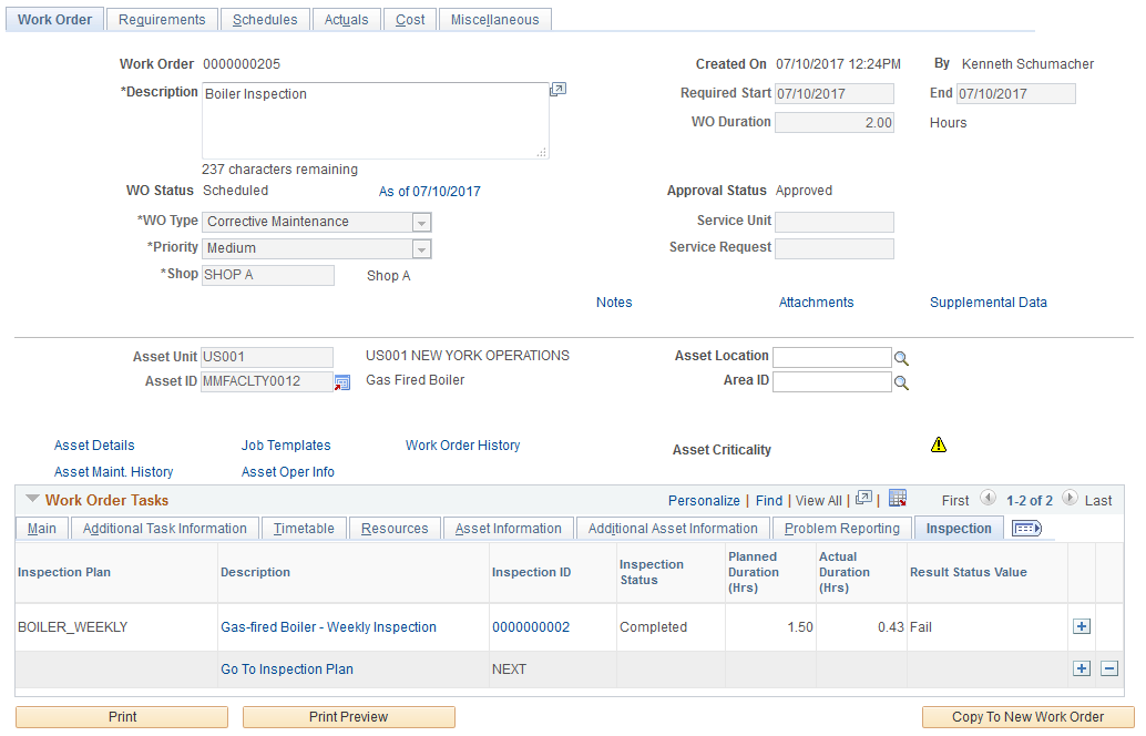 Work Order Inspection Tab