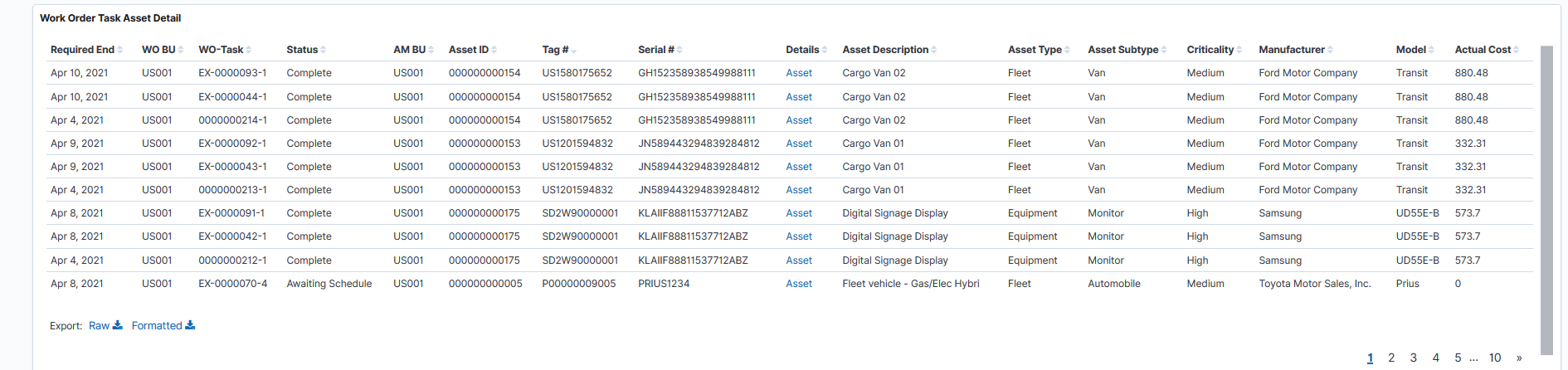 Work Order Asset Maintenance History page (3 of 3)